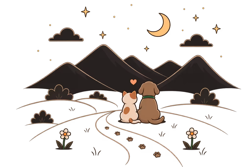 A cat and a dog sitting side by side on a path through the hills, looking at the horizon.